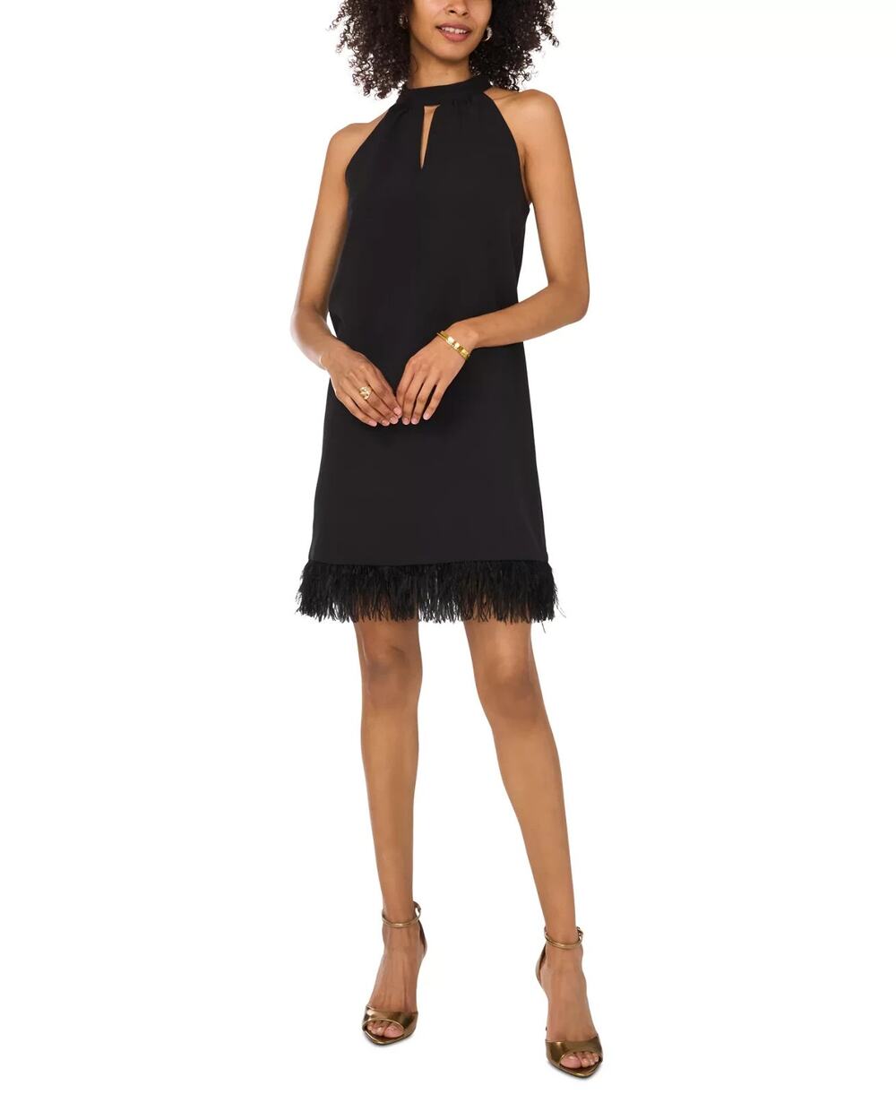 Vince Camuto Women's Feather-Trim Halter A-Line Mini Dress Black Size M 1776